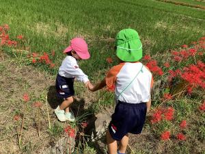 年少児の手を持ち溝を渡らせる画像
