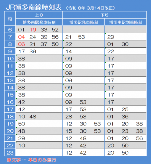博多南線時刻表（令和8年3月14日改正版）