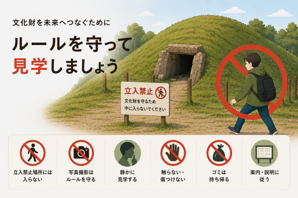 文化財を見学するときはルールを守りましょうイラスト