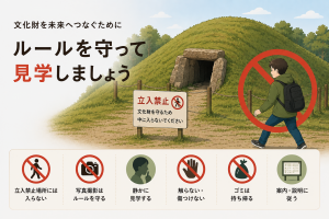 文化財を見学するときはルールを守りましょうイラスト